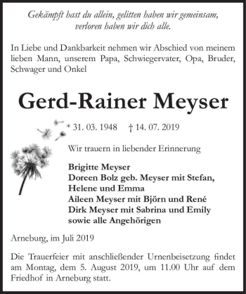 Traueranzeige von Gerd-Rainer Meyser  von Magdeburger Volksstimme