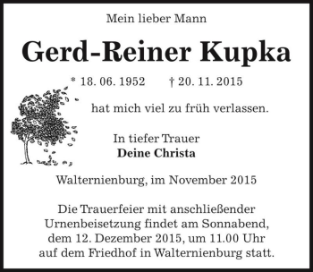 Traueranzeige von Gerd-Reiner Kupka  von Magdeburger Volksstimme