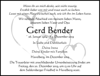 Traueranzeige von Gerd Bender  von Magdeburger Volksstimme