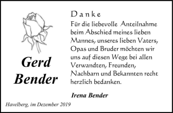 Traueranzeige von Gerd Bender  von Magdeburger Volksstimme