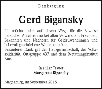 Traueranzeige von Gerd Bigansky  von Magdeburger Volksstimme