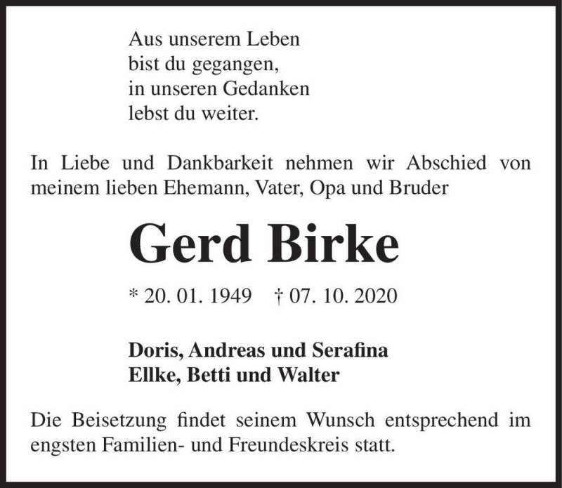  Traueranzeige für Gerd Birke  vom 10.10.2020 aus Magdeburger Volksstimme