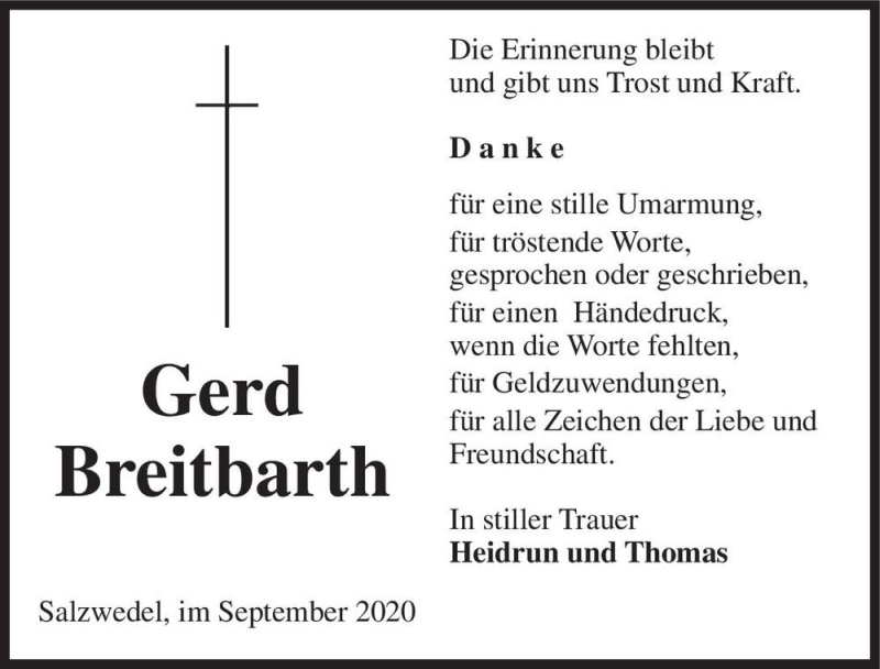  Traueranzeige für Gerd Breitbarth  vom 01.10.2020 aus Magdeburger Volksstimme