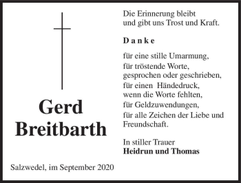 Traueranzeige von Gerd Breitbarth  von Magdeburger Volksstimme