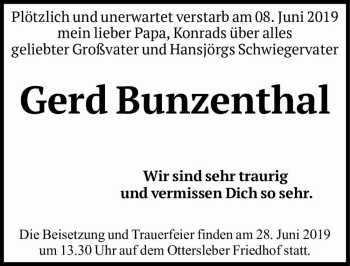 Traueranzeige von Gerd Bunzenthal  von Magdeburger Volksstimme