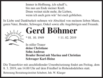 Traueranzeige von Gerd Böhmer  von Magdeburger Volksstimme