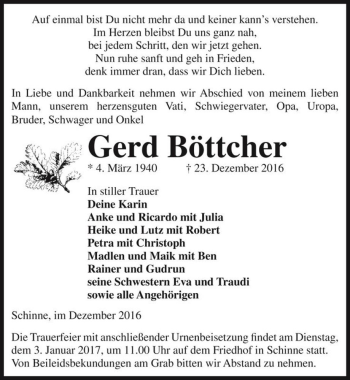 Traueranzeige von Gerd Böttcher  von Magdeburger Volksstimme