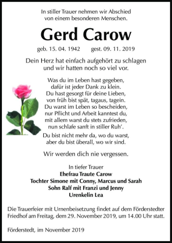 Traueranzeige von Gerd Carow  von Magdeburger Volksstimme