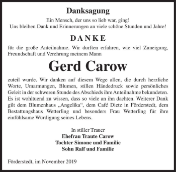 Traueranzeige von Gerd Carow  von Magdeburger Volksstimme