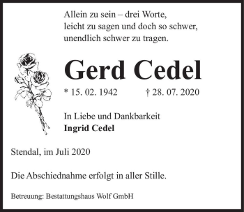 Traueranzeige von Gerd Cedel  von Magdeburger Volksstimme