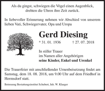 Traueranzeige von Gerd Diesing  von Magdeburger Volksstimme