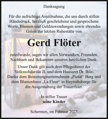 Traueranzeige von Gerd Flöter  von Magdeburger Volksstimme