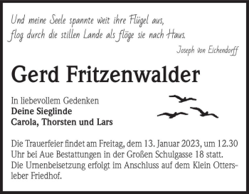 Traueranzeige von Gerd Fritzenwalder  von Magdeburger Volksstimme