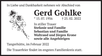 Traueranzeige von Gerd Gohlke  von Magdeburger Volksstimme