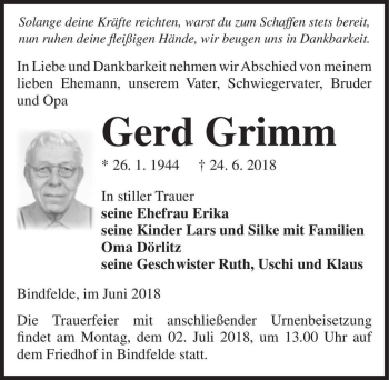 Traueranzeige von Gerd Grimm  von Magdeburger Volksstimme