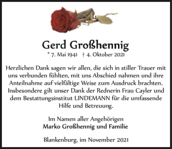 Traueranzeige von Gerd Großhennig  von Magdeburger Volksstimme