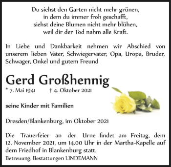 Traueranzeige von Gerd Großhennig  von Magdeburger Volksstimme