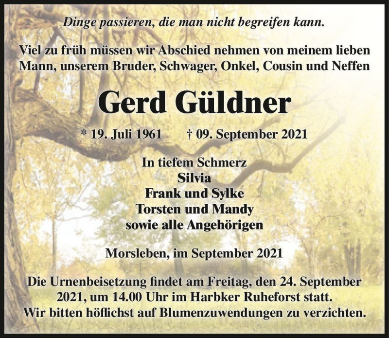  Traueranzeige für Gerd Güldner  vom 18.09.2021 aus Magdeburger Volksstimme