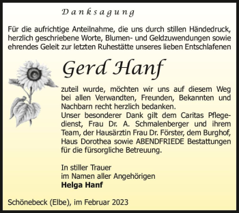 Traueranzeige von Gerd Hanf  von Magdeburger Volksstimme