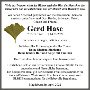 Traueranzeige von Gerd Hase  von Magdeburger Volksstimme