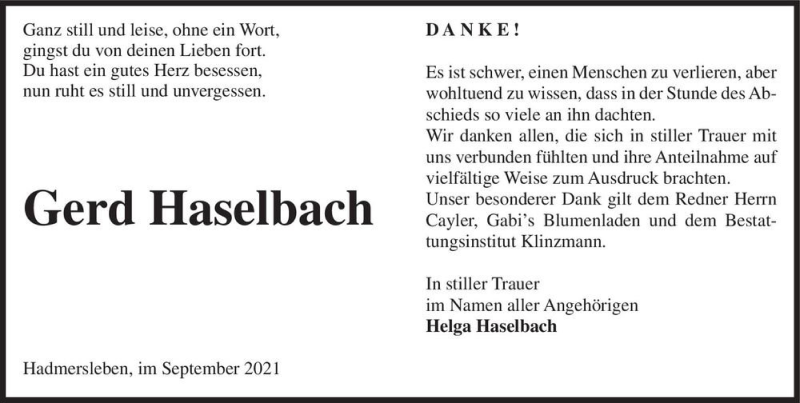 Traueranzeige für Gerd Haselbach  vom 18.09.2021 aus Magdeburger Volksstimme