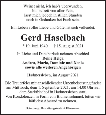 Traueranzeige von Gerd Haselbach  von Magdeburger Volksstimme