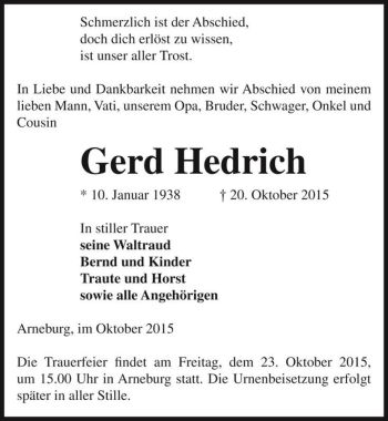 Traueranzeige von Gerd Hedrich  von Magdeburger Volksstimme