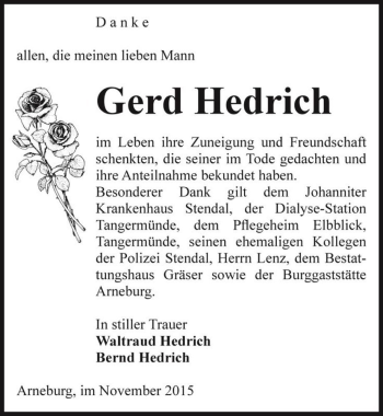 Traueranzeige von Gerd Hedrich  von Magdeburger Volksstimme