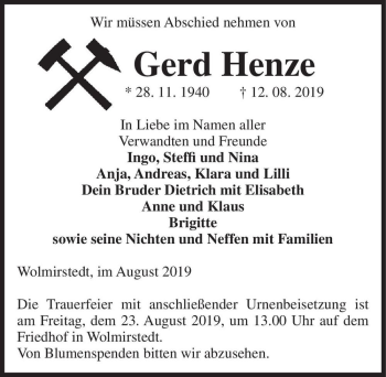 Traueranzeige von Gerd Henze  von Magdeburger Volksstimme
