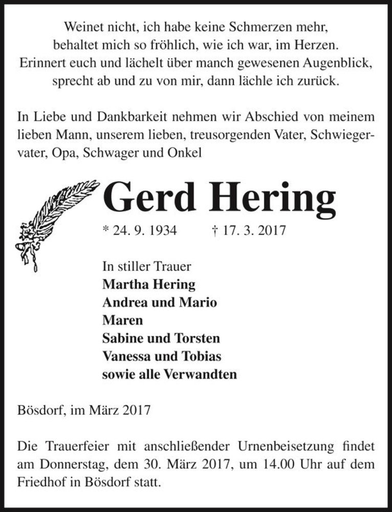  Traueranzeige für Gerd Hering  vom 21.03.2017 aus Magdeburger Volksstimme