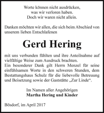 Traueranzeige von Gerd Hering  von Magdeburger Volksstimme