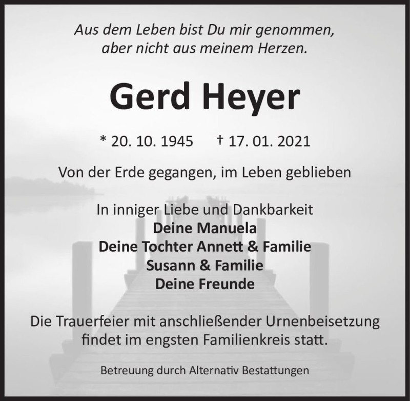 Traueranzeige für Gerd Heyer  vom 06.02.2021 aus Magdeburger Volksstimme