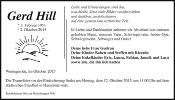 Traueranzeige von Gerd Hill  von Magdeburger Volksstimme