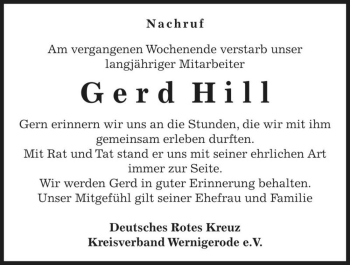Traueranzeige von Gerd Hill  von Magdeburger Volksstimme