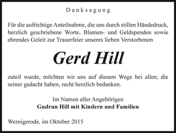 Traueranzeige von Gerd Hill  von Magdeburger Volksstimme