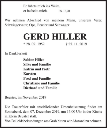 Traueranzeige von Gerd Hiller  von Magdeburger Volksstimme