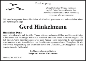 Traueranzeige von Gerd Hinkelmann  von Magdeburger Volksstimme
