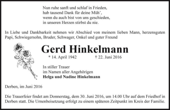 Traueranzeige von Gerd Hinkelmann  von Magdeburger Volksstimme
