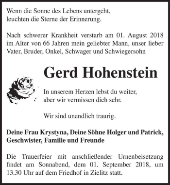 Traueranzeige von Gerd Hohenstein  von Magdeburger Volksstimme