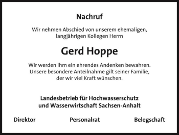 Traueranzeige von Gerd Hoppe  von Magdeburger Volksstimme