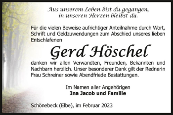 Traueranzeige von Gerd Höschel  von Magdeburger Volksstimme