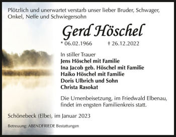 Traueranzeige von Gerd Höschel  von Magdeburger Volksstimme