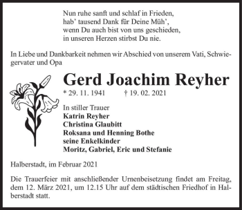Traueranzeige von Gerd Joachim Reyher  von Magdeburger Volksstimme