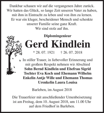 Traueranzeige von Gerd Kindlein  von Magdeburger Volksstimme