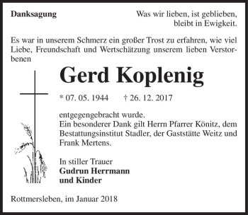 Traueranzeige von Gerd Koplenig  von Magdeburger Volksstimme