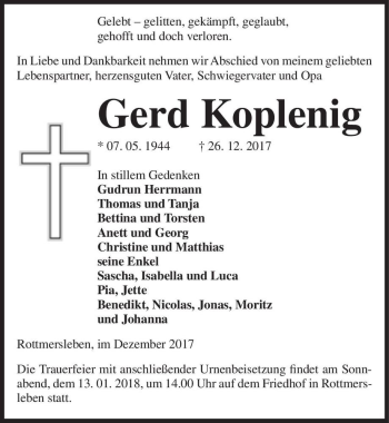 Traueranzeige von Gerd Koplenig  von Magdeburger Volksstimme