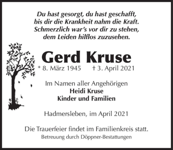 Traueranzeige von Gerd Kruse  von Magdeburger Volksstimme