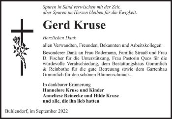 Traueranzeige von Gerd Kruse  von Magdeburger Volksstimme