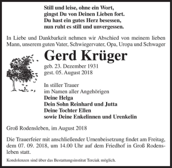 Traueranzeige von Gerd Krüger  von Magdeburger Volksstimme