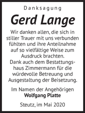 Traueranzeige von Gerd Lange  von Magdeburger Volksstimme